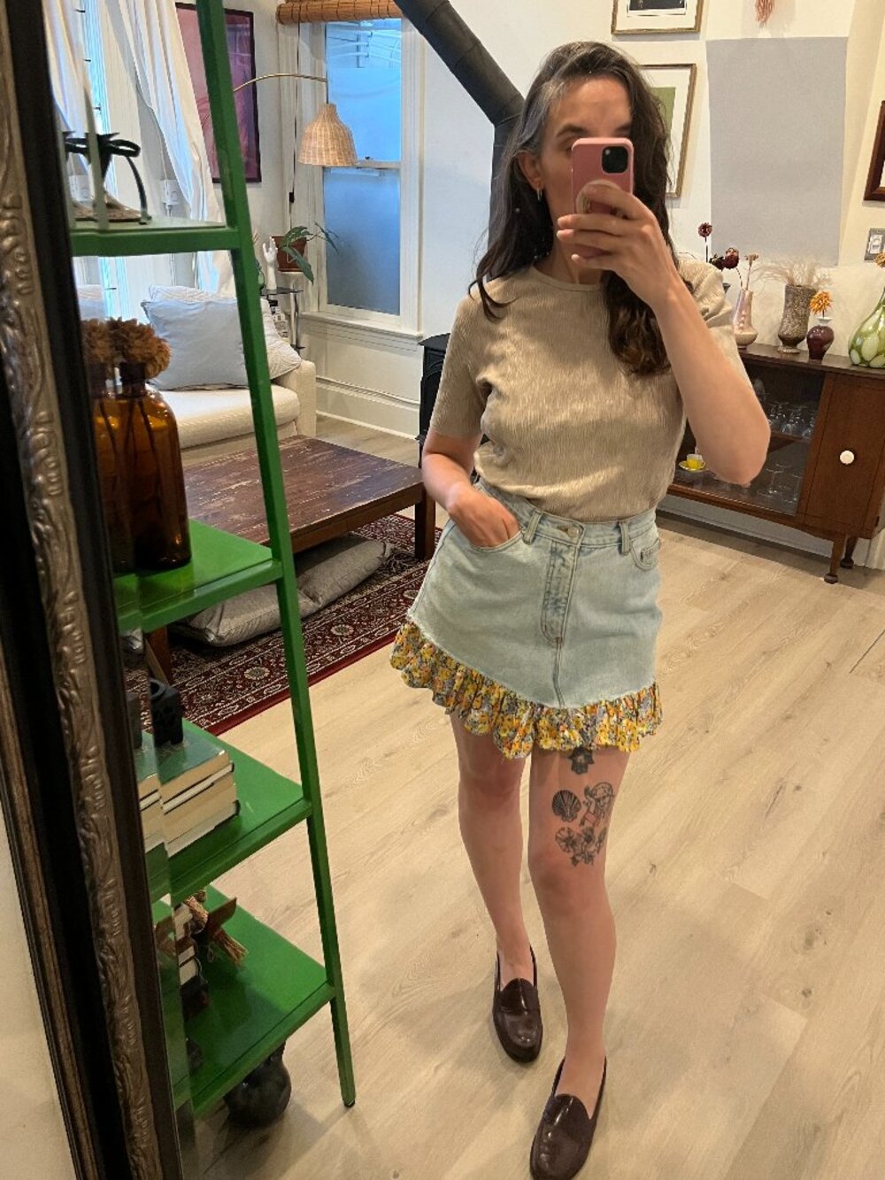 Upcycled Floral and Denim Skirt